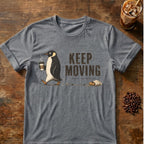Penguin coffee graphic for Keep Moving Penguin on graphite-heather T-shirt