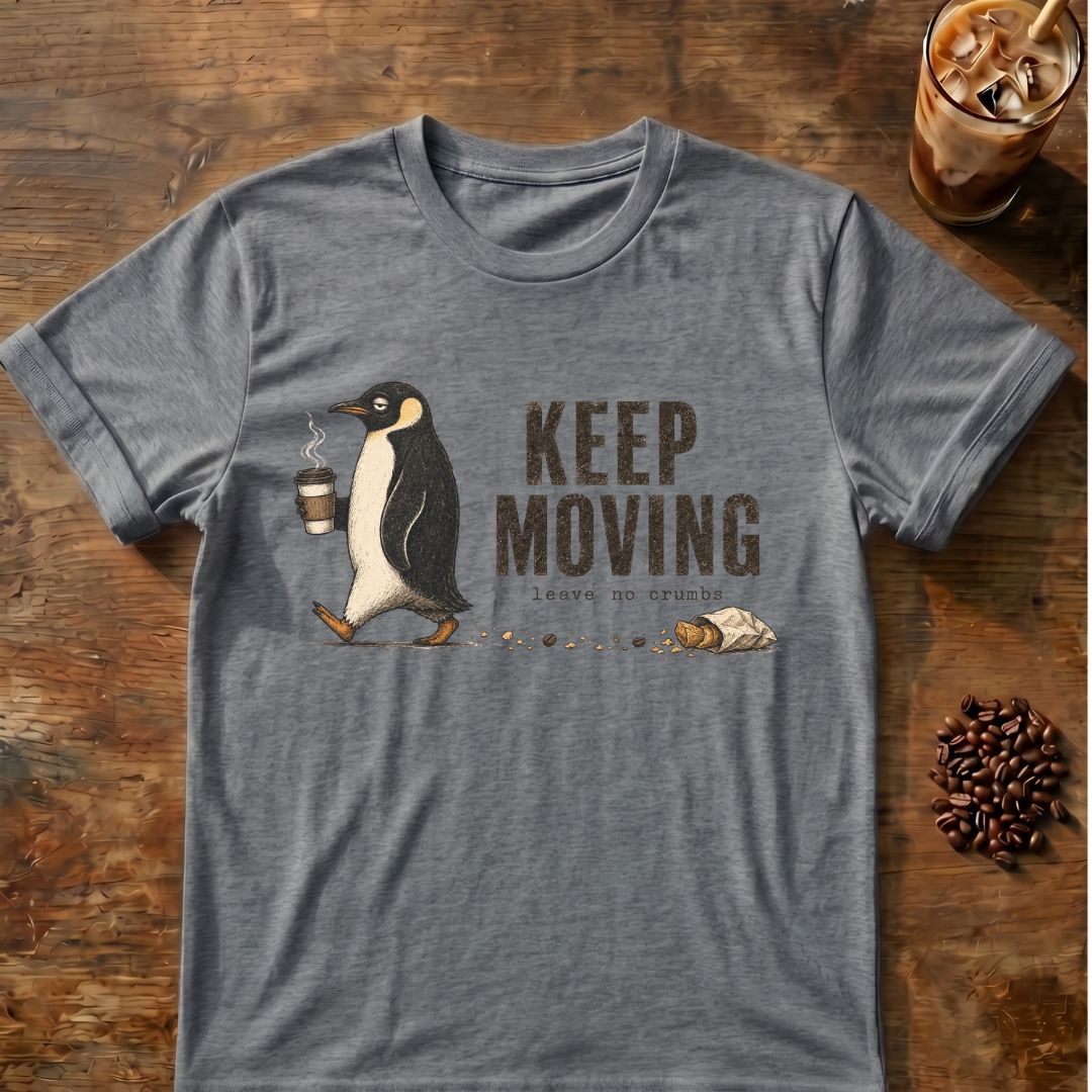 Penguin coffee graphic for Keep Moving Penguin on graphite-heather T-shirt