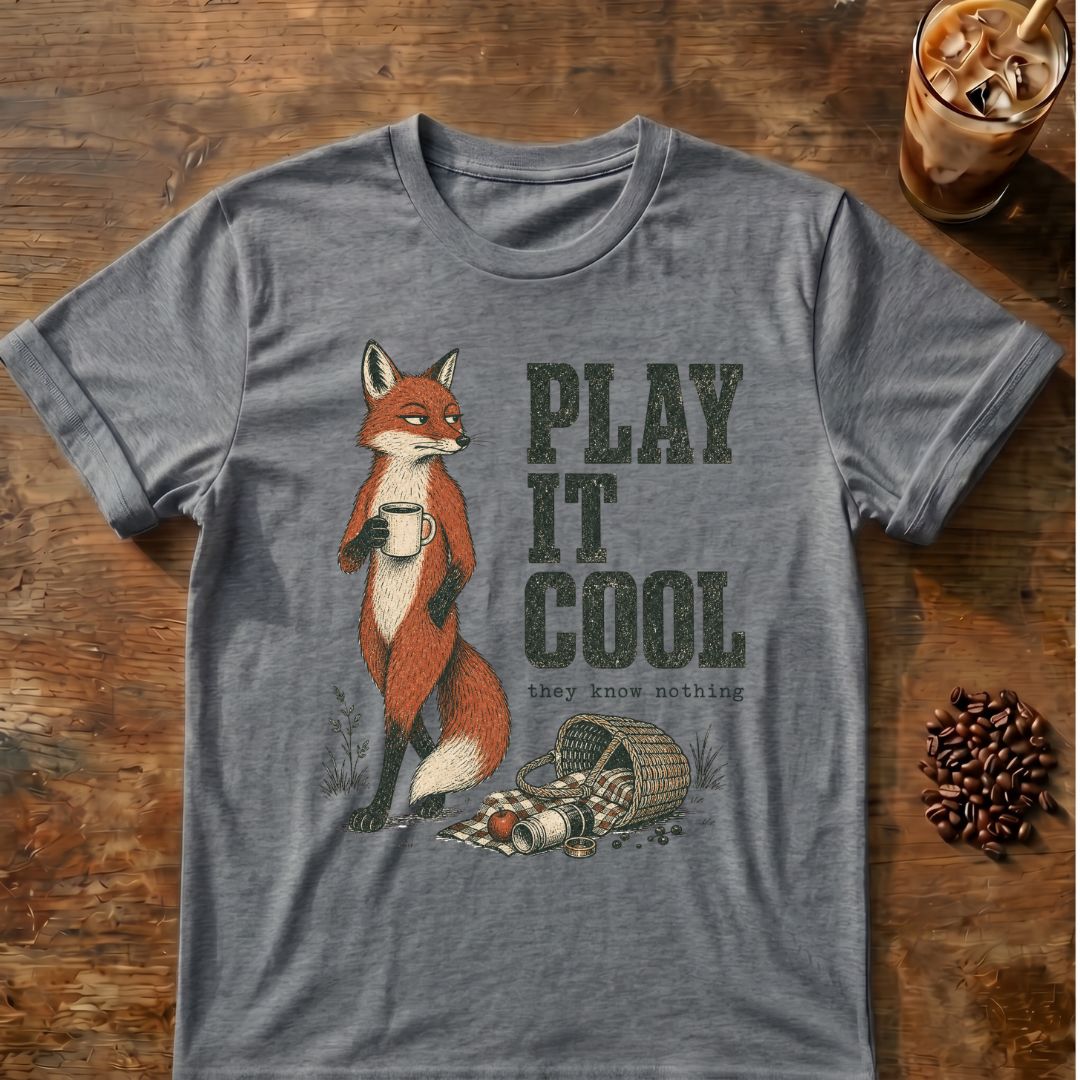 A graphite heather short-sleeve graphic T-shirt laid flat on a rustic wooden surface, featuring an illustration of a fox holding a mug next to the text 'PLAY IT COOL' and smaller text 'they know nothing.' Coffee-themed props, including an iced coffee glass and coffee beans, are placed around the shirt.