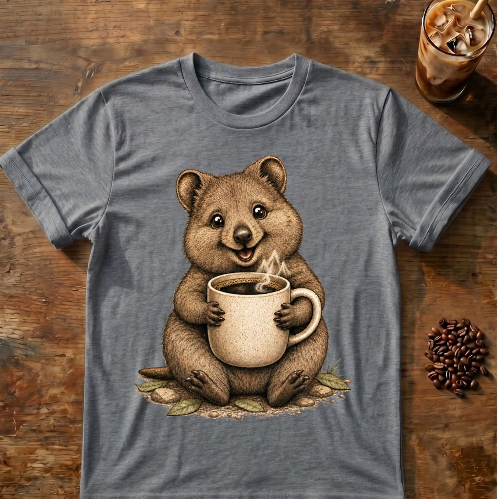 Quokka coffee graphic on a Graphite Heather T-shirt