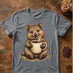 Quokka coffee graphic on a Graphite Heather T-shirt