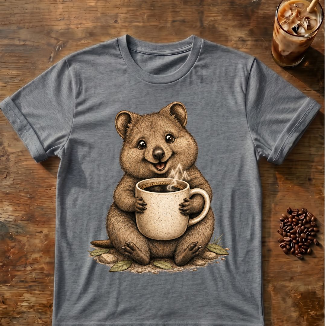 Quokka coffee graphic on a Graphite Heather T-shirt
