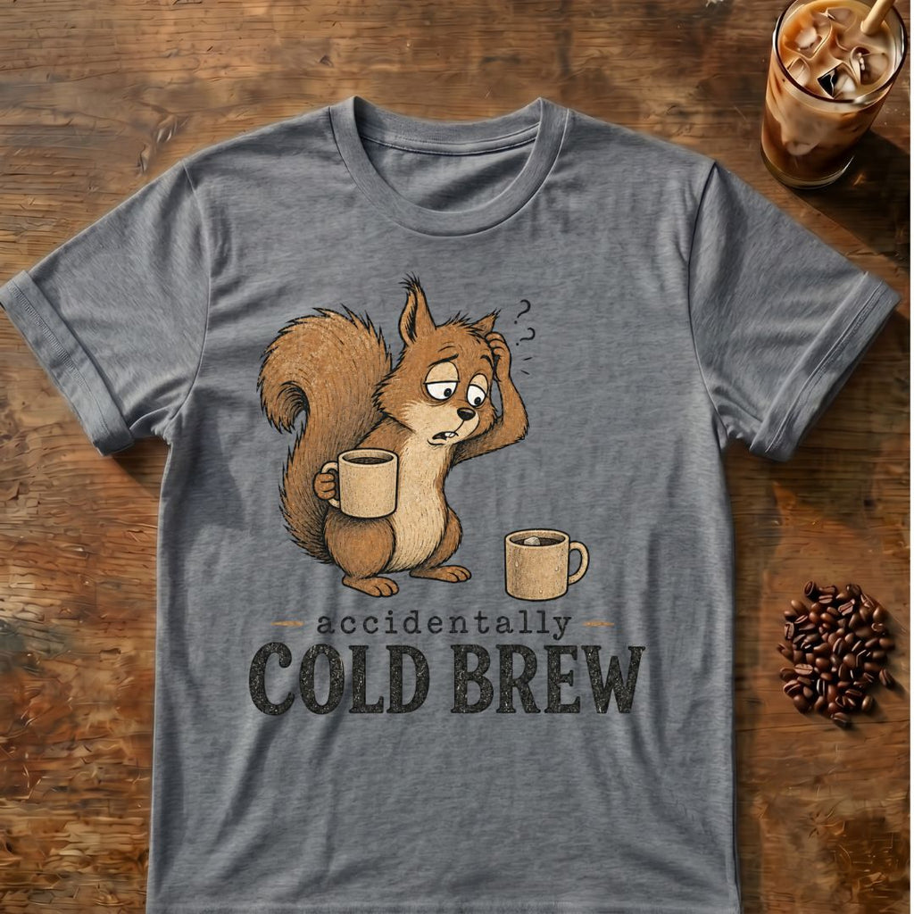 Cold brew squirrel coffee graphic on a Graphite Heather T-shirt