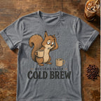 Cold brew squirrel coffee graphic on a Graphite Heather T-shirt