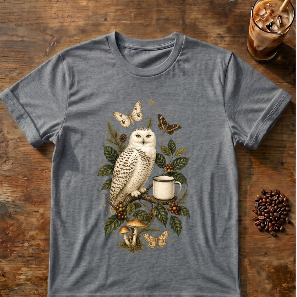 Butterfly coffee graphic for Snowy Owl Coffee Botanical on graphite-heather T-shirt