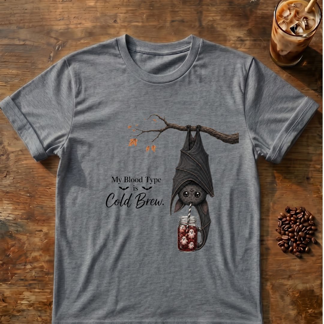 Bat coffee graphic for My Blood Type Is Cold Brew Bat on graphite-heather T-shirt
