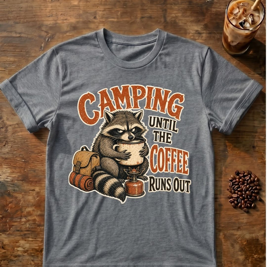 Raccoon coffee graphic for Camping Until on graphite-heather T-shirt