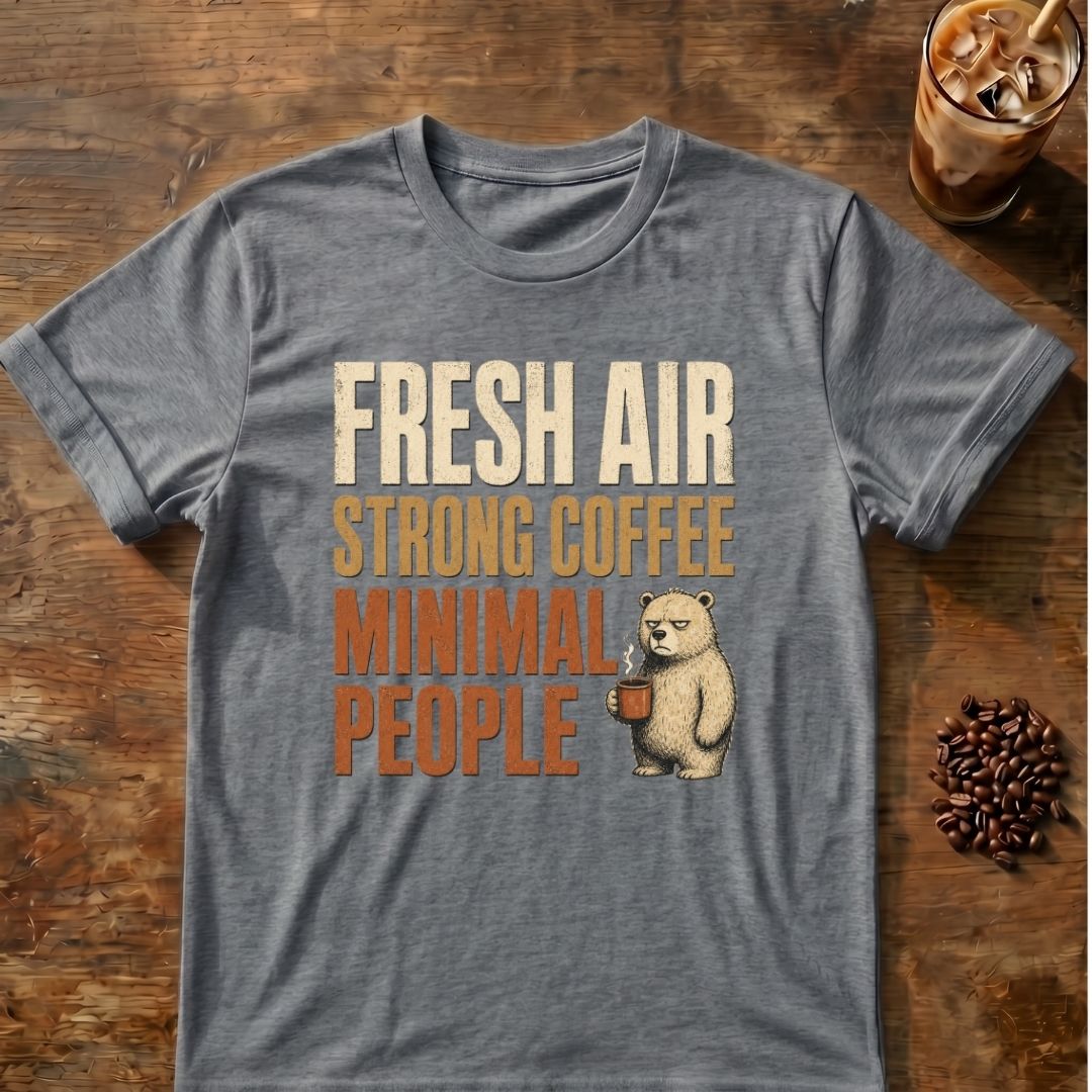 Bear coffee graphic for Fresh Air on graphite-heather T-shirt