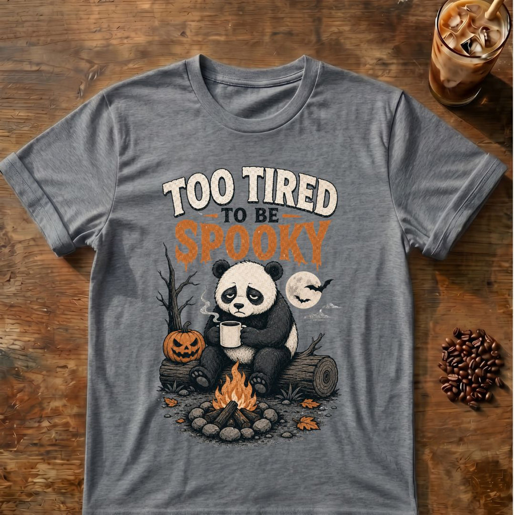 Bat coffee graphic for Too Tired to Be Spooky Panda on graphite-heather T-shirt