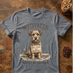 Dog “Will Work for Coffee” graphic on a Graphite Heather T-shirt