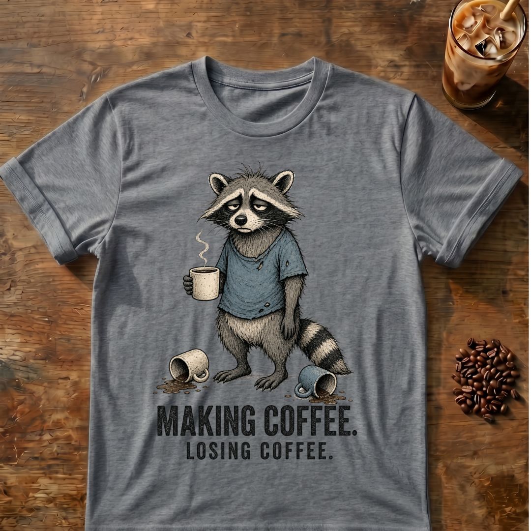 Raccoon coffee graphic on a Graphite Heather T-shirt