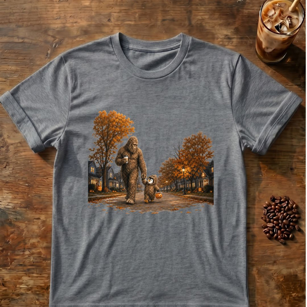 Coffee graphic for Bigfoot Trick-or-Treat Halloween on graphite-heather T-shirt