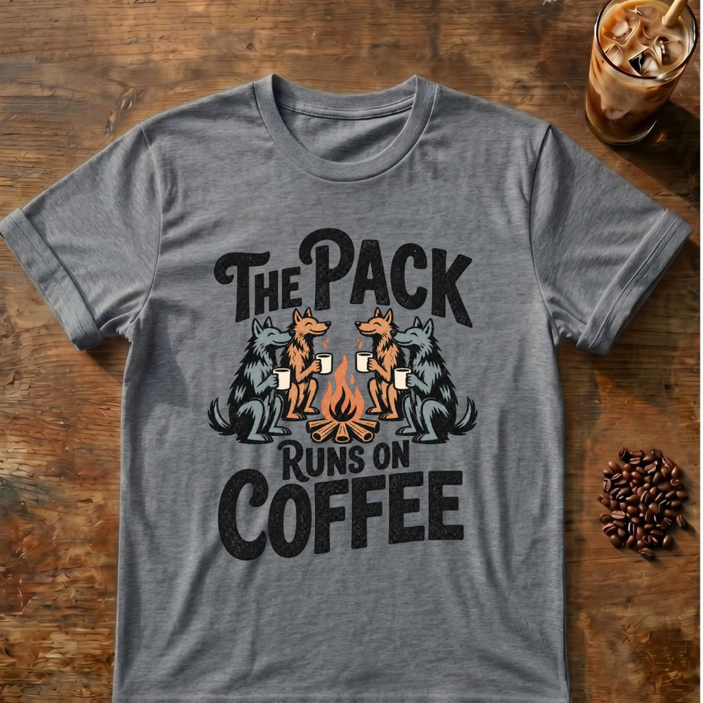 Pack Runs on Coffee graphic on a Graphite Heather T-shirt