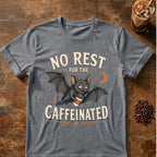 Bat coffee graphic for No Rest Bat on graphite-heather T-shirt