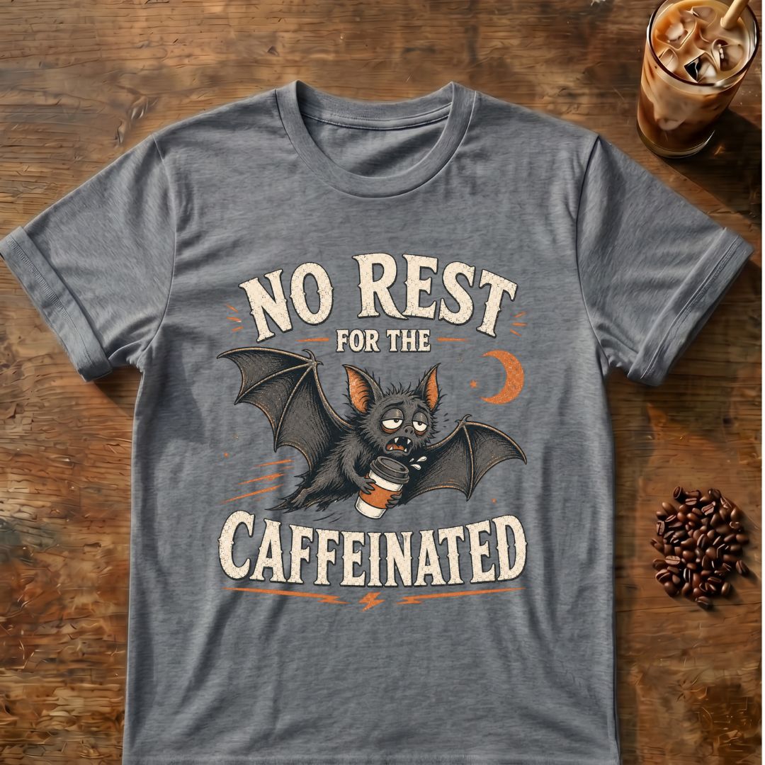 Bat coffee graphic for No Rest Bat on graphite-heather T-shirt