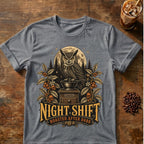 Owl coffee graphic for Night Shift Owl Coffee on graphite-heather T-shirt