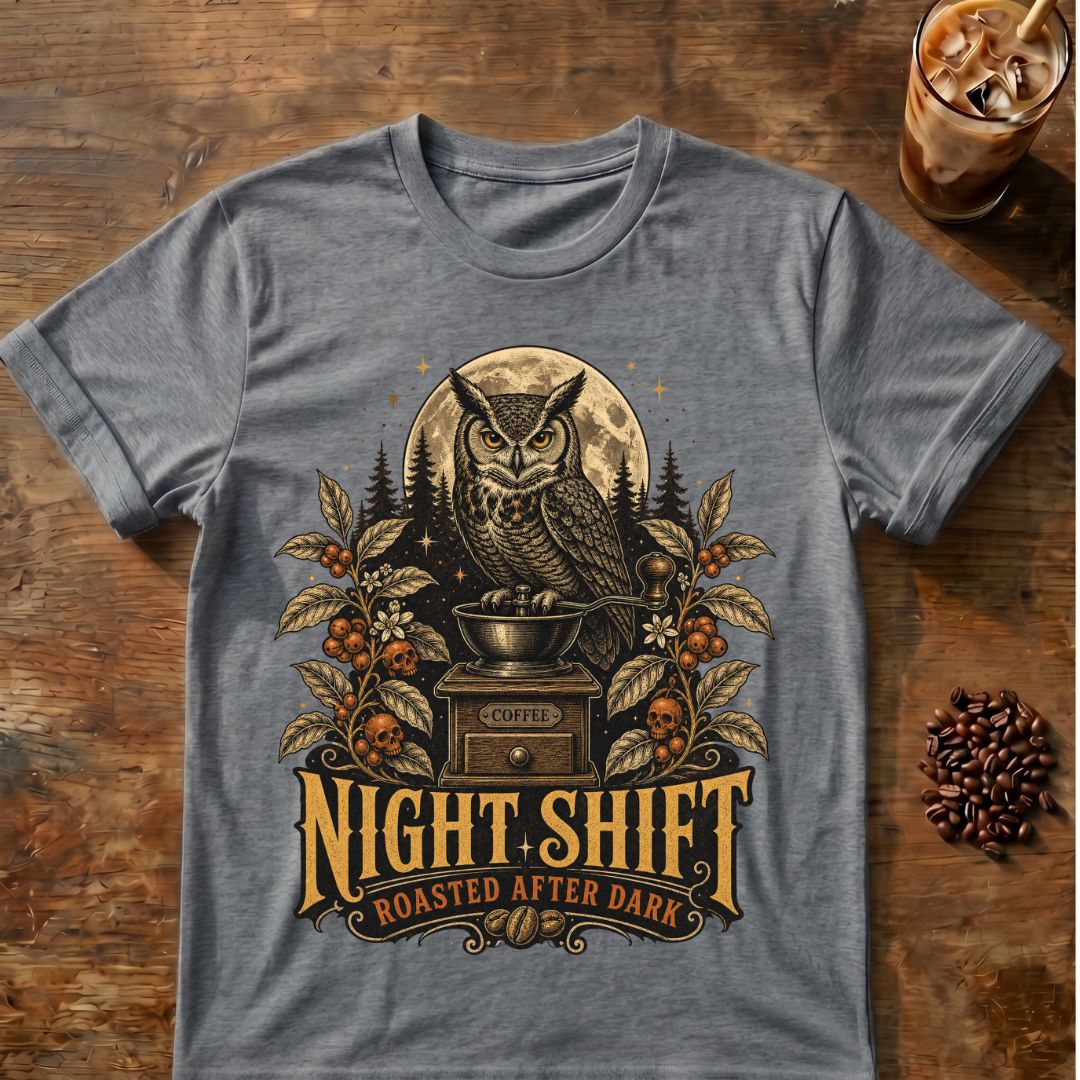 Owl coffee graphic for Night Shift Owl Coffee on graphite-heather T-shirt