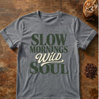 Coffee graphic for Slow Mornings Wild Soul on graphite-heather T-shirt