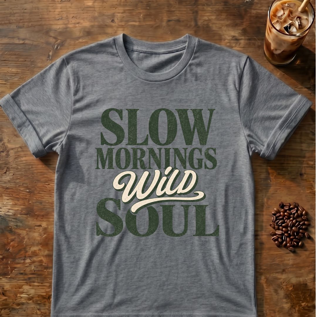 Coffee graphic for Slow Mornings Wild Soul on graphite-heather T-shirt
