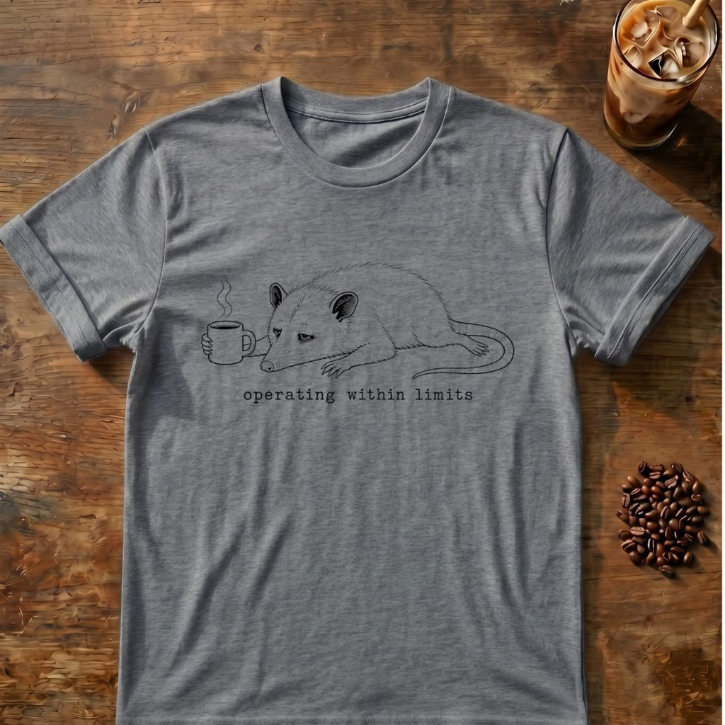 Opossum coffee graphic for Possum operating within limits on graphite-heather T-shirt