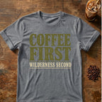 Coffee graphic for Coffee First Wilderness Second on graphite-heather T-shirt