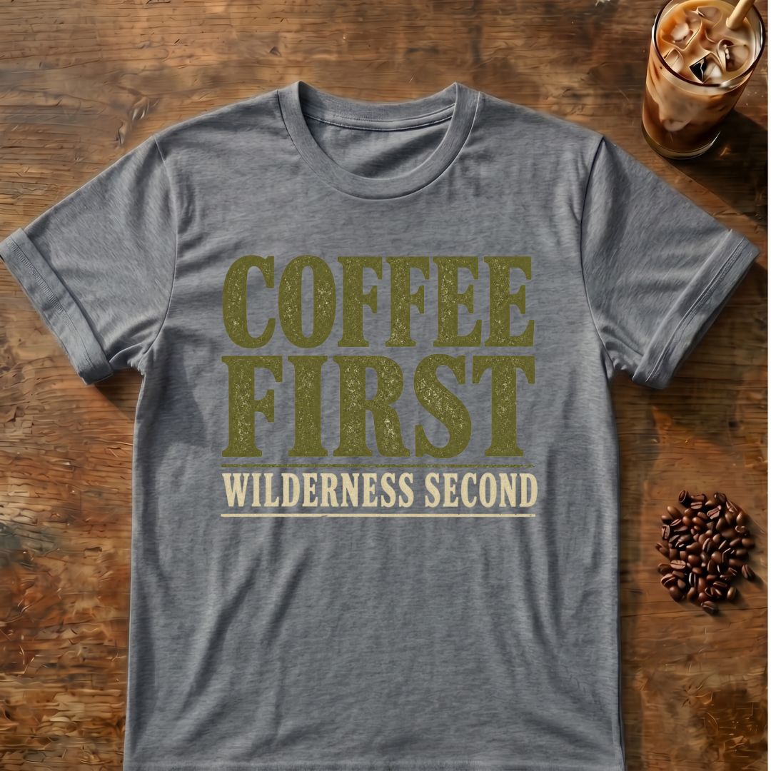 Coffee graphic for Coffee First Wilderness Second on graphite-heather T-shirt