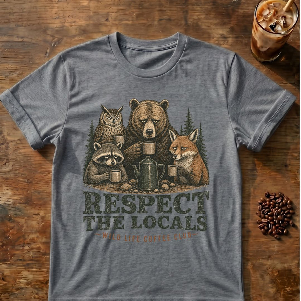 Raccoon coffee graphic for Respect the Locals Coffee Club on graphite-heather T-shirt