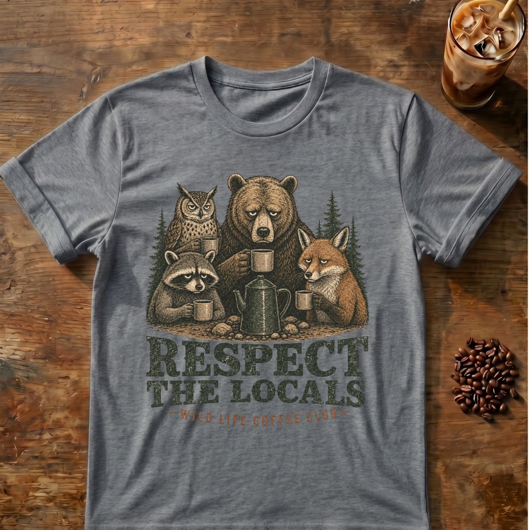 Raccoon coffee graphic for Respect the Locals Coffee Club on graphite-heather T-shirt