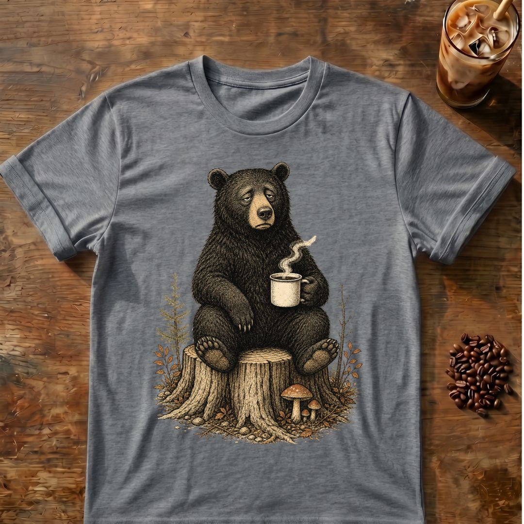Bear coffee graphic for Sleepy Bear Coffee on graphite-heather T-shirt
