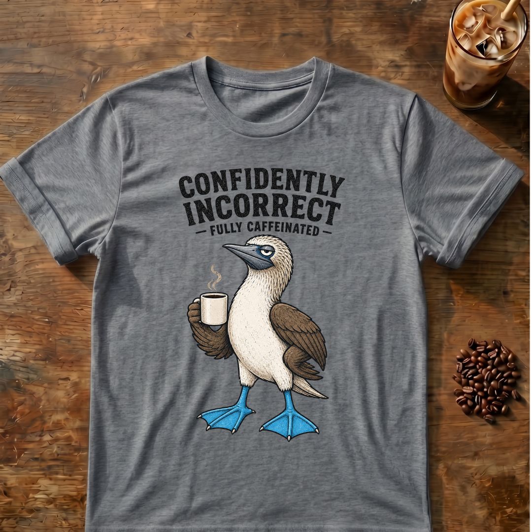Blue-footed booby “Confidently Incorrect” graphic on a Graphite Heather T-shirt