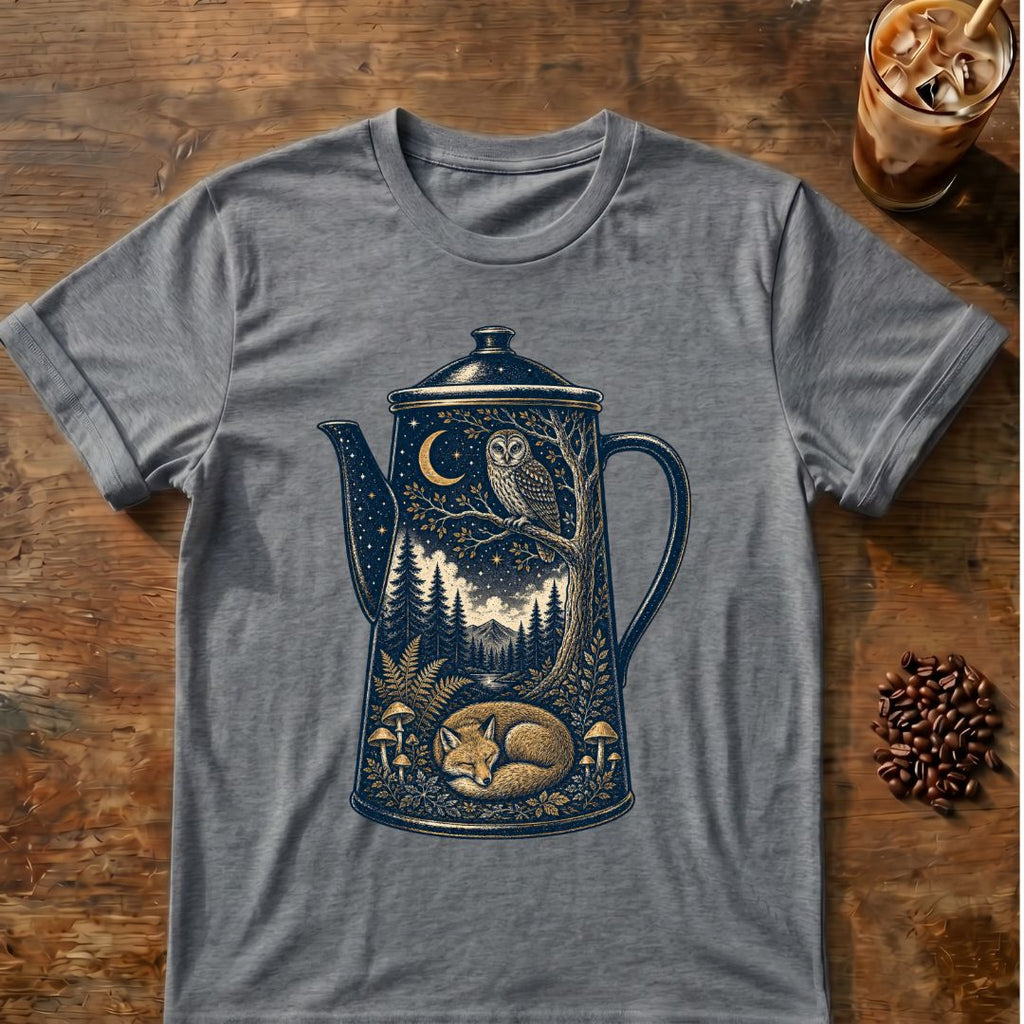 Owl coffee graphic for Moonlit Woodland Coffee Pot on graphite-heather T-shirt