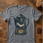 Owl coffee graphic for Moonlit Woodland Coffee Pot on graphite-heather T-shirt