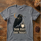 Raven coffee graphic for Dark Roast Dark Thoughts Raven on graphite-heather T-shirt