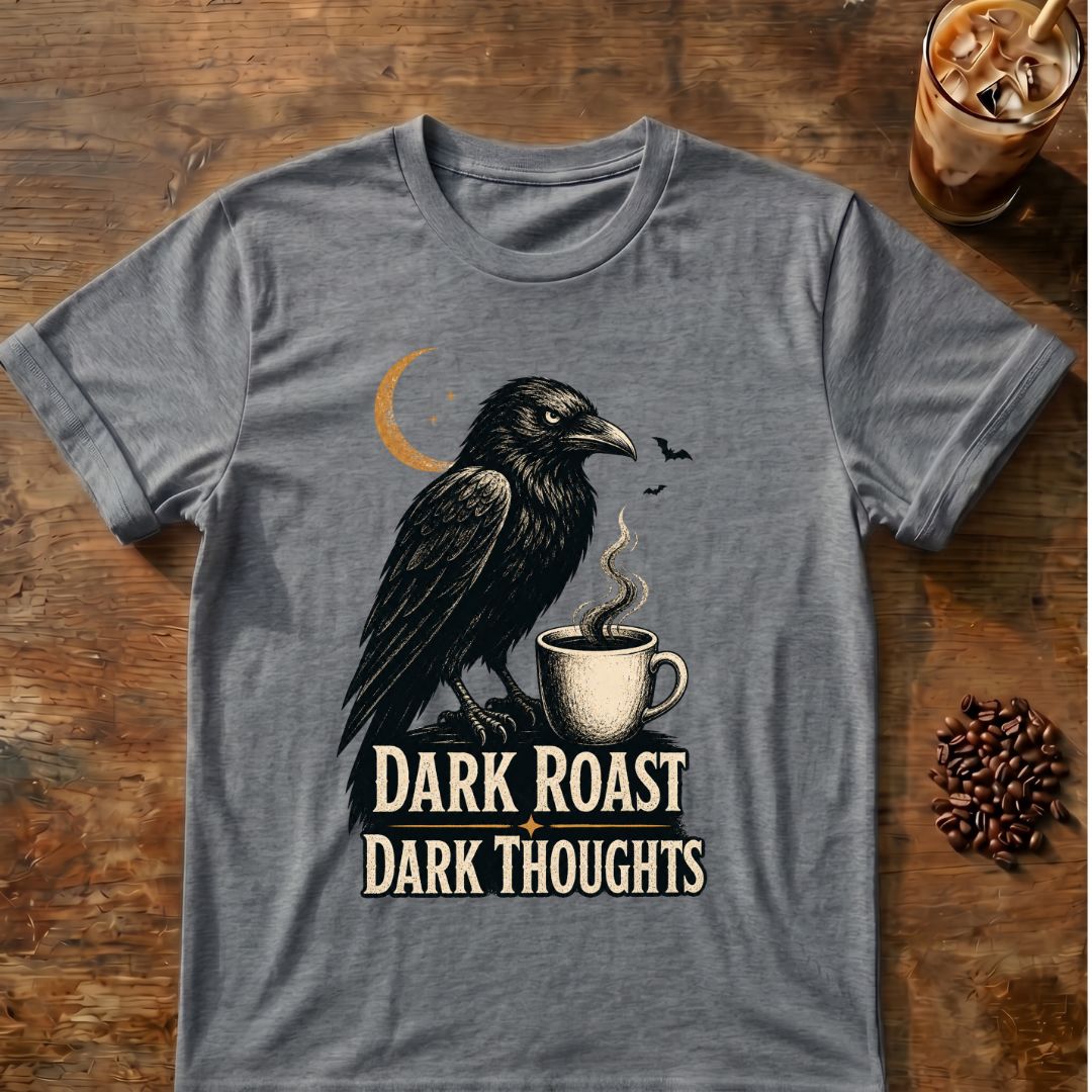 Raven coffee graphic for Dark Roast Dark Thoughts Raven on graphite-heather T-shirt
