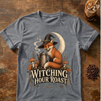 Fox coffee graphic for Witching Hour Roast Fox on graphite-heather T-shirt