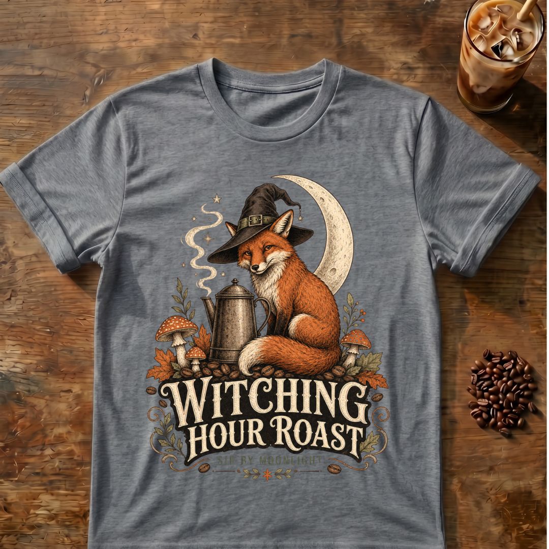 Fox coffee graphic for Witching Hour Roast Fox on graphite-heather T-shirt