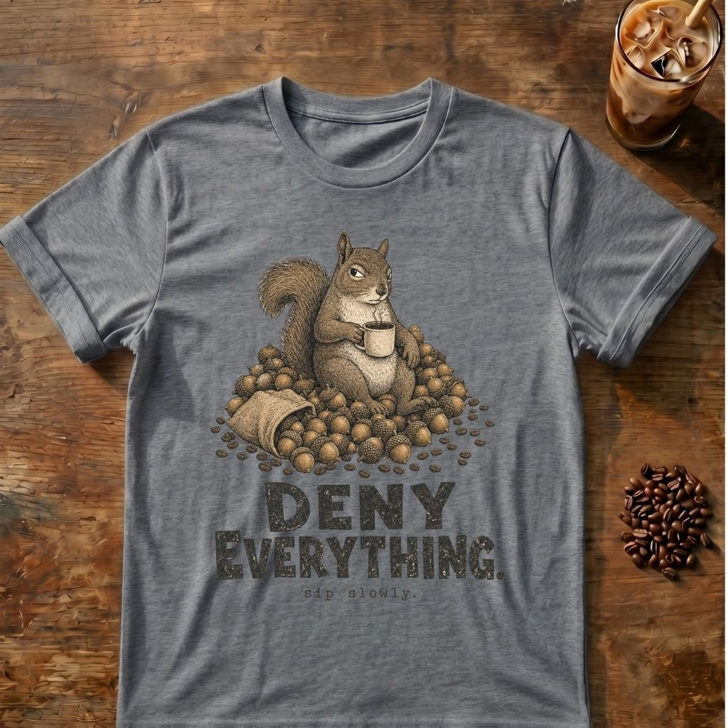 Squirrel coffee graphic for Deny Everything Squirrel on graphite-heather T-shirt