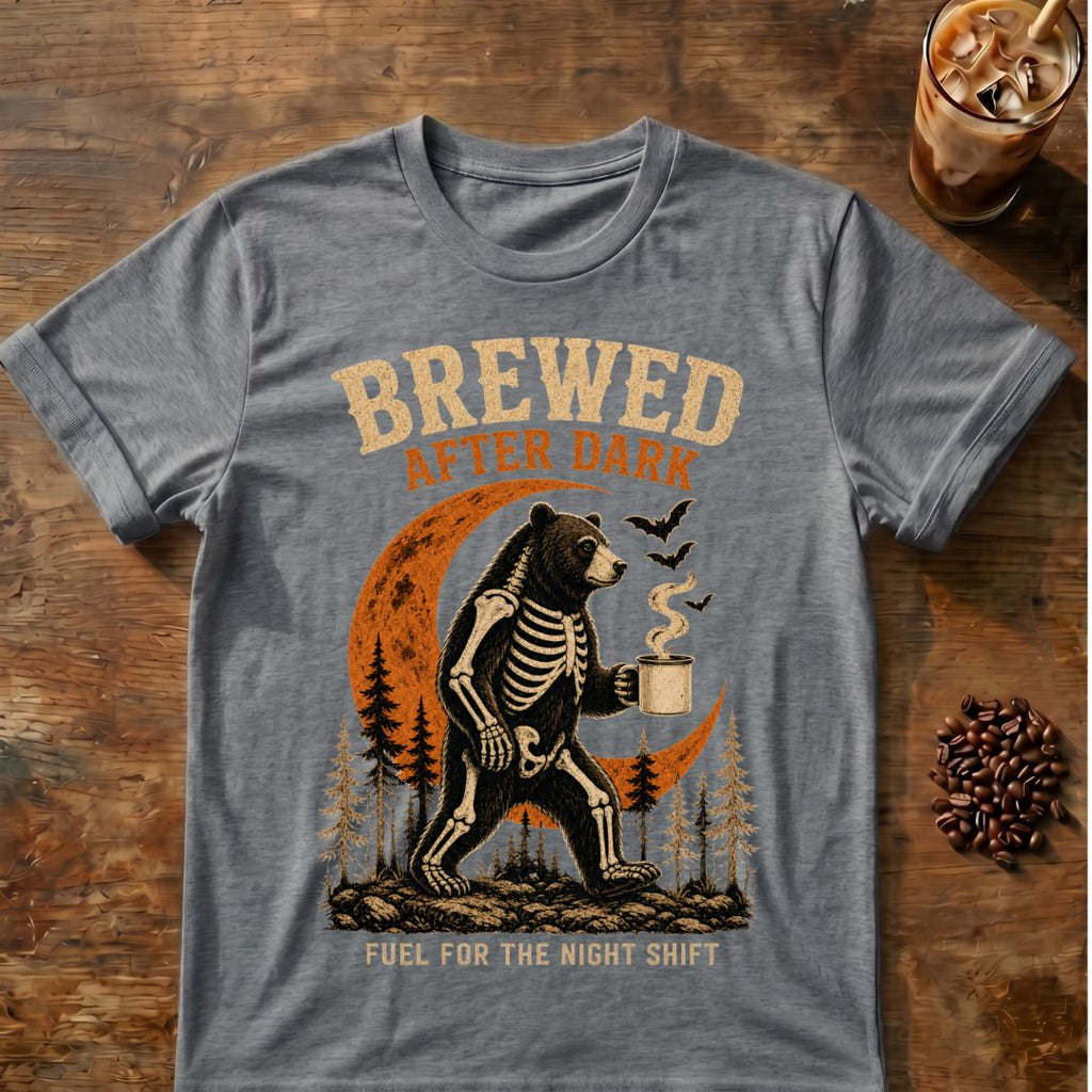 Bear coffee graphic for Brewed After Dark Bear Halloween on graphite-heather T-shirt