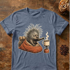Porcupine coffee graphic for Barely Awake on heather-indigo T-shirt