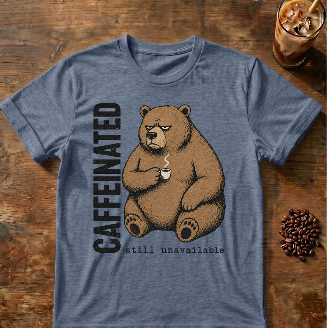 Caffeinated bear coffee graphic on a Heather Indigo T-shirt