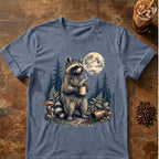 Raccoon coffee graphic for Moonlit Raccoon Coffee on heather-indigo T-shirt