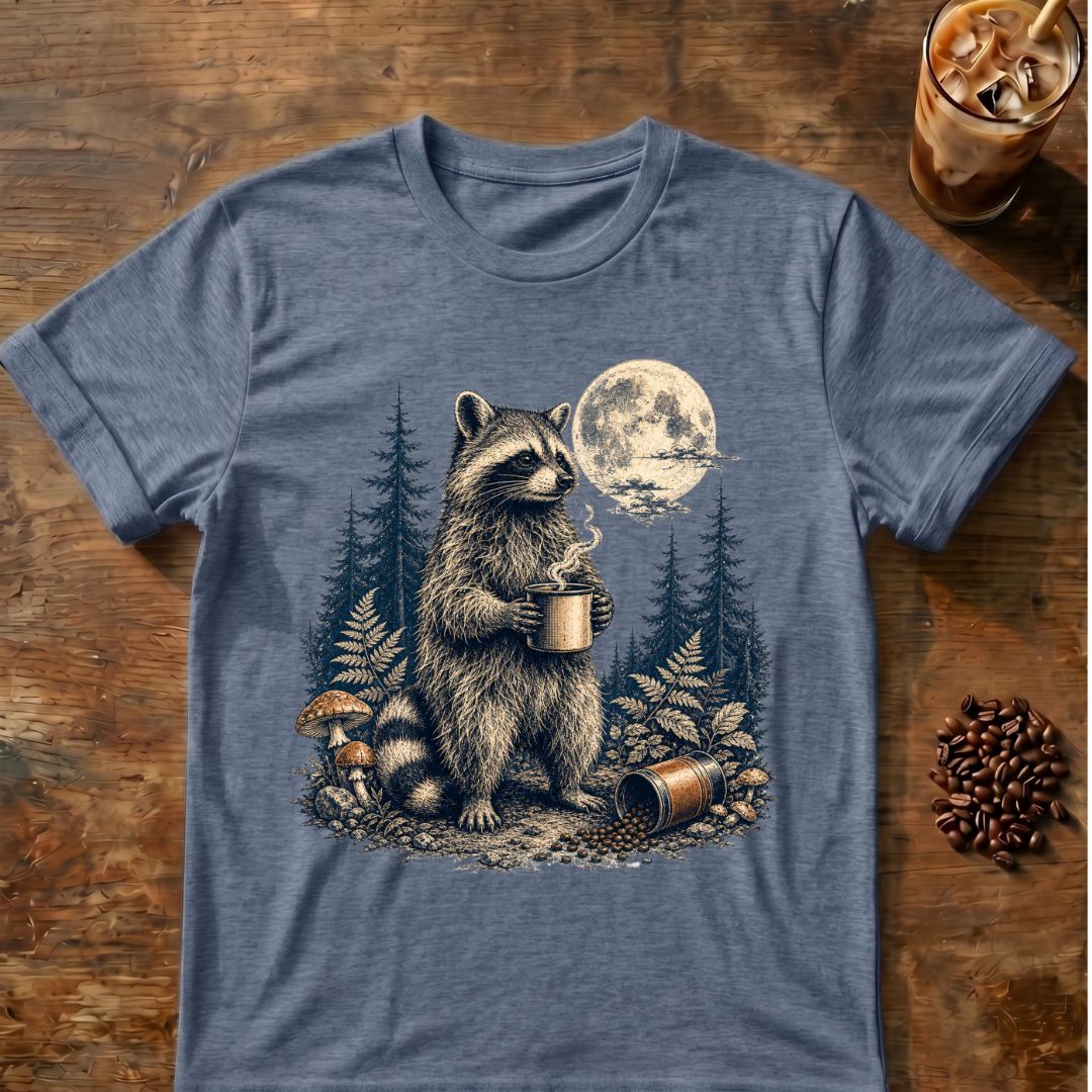 Raccoon coffee graphic for Moonlit Raccoon Coffee on heather-indigo T-shirt