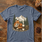 Fox coffee graphic for Mountain Fox Camp Coffee on heather-indigo T-shirt