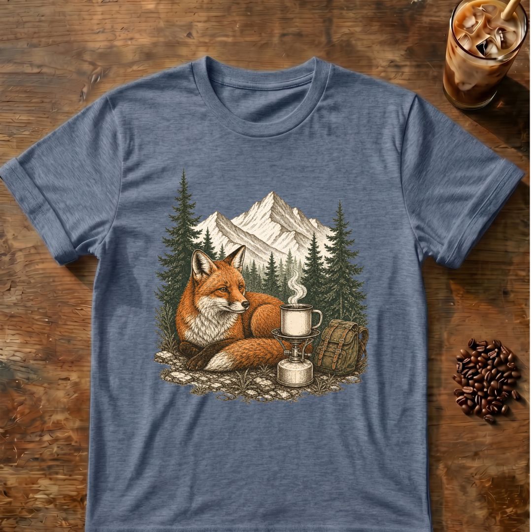 Fox coffee graphic for Mountain Fox Camp Coffee on heather-indigo T-shirt