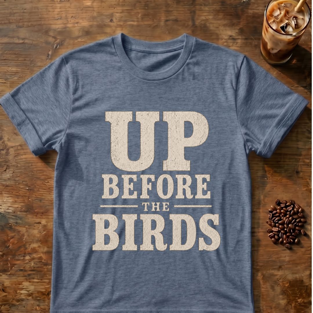 Distressed cream typography reading “Up Before the Birds”