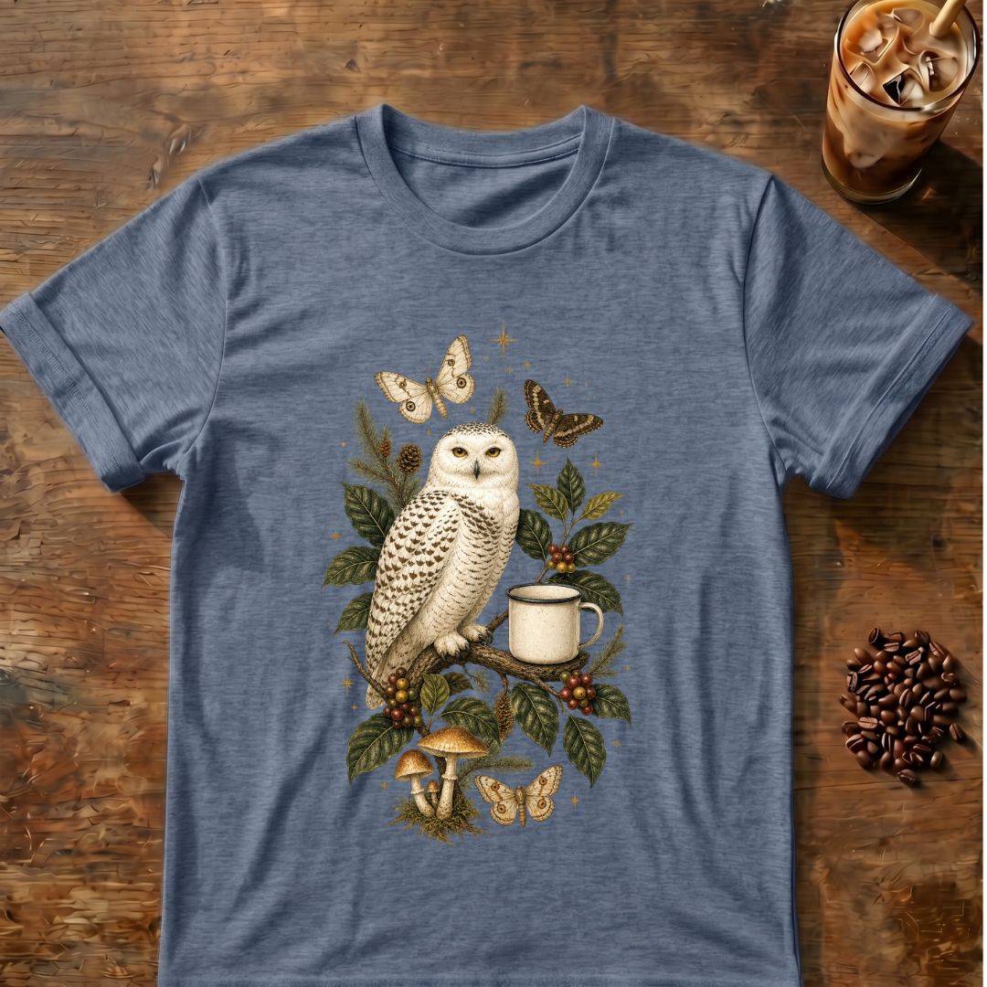 Butterfly coffee graphic for Snowy Owl Coffee Botanical on heather-indigo T-shirt