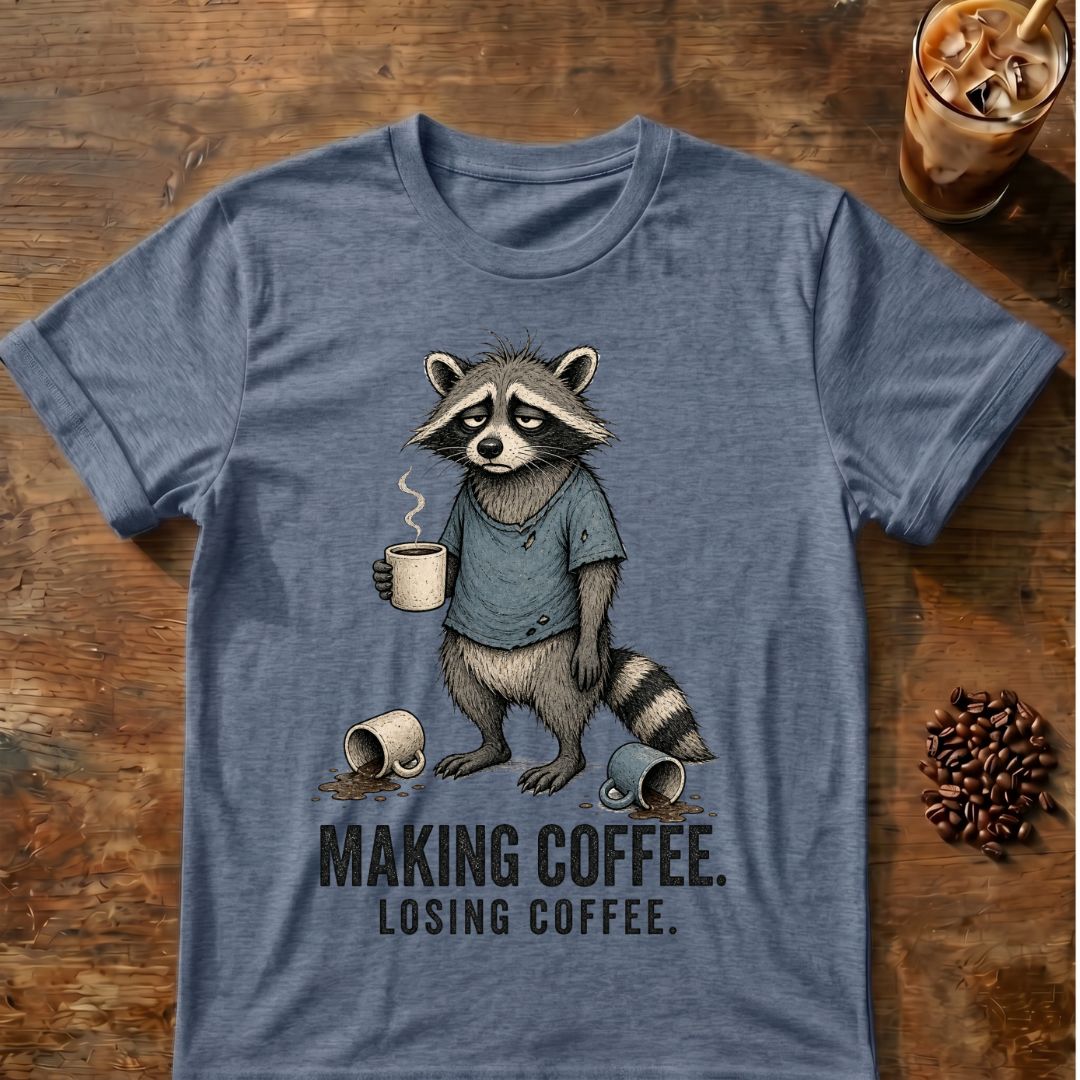 Raccoon coffee graphic on a Heather Indigo T-shirt