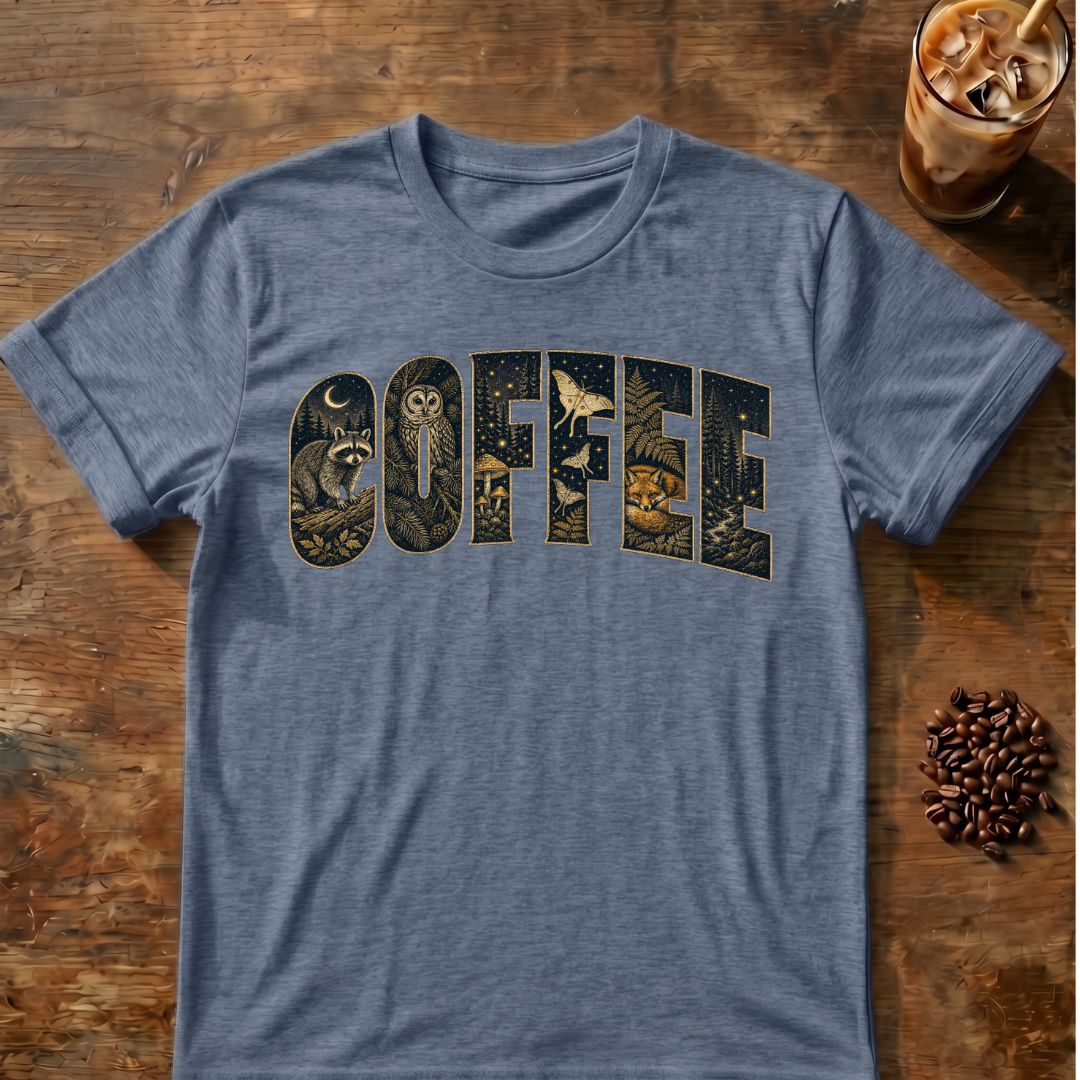 Raccoon coffee graphic for Woodland Coffee Typography on heather-indigo T-shirt