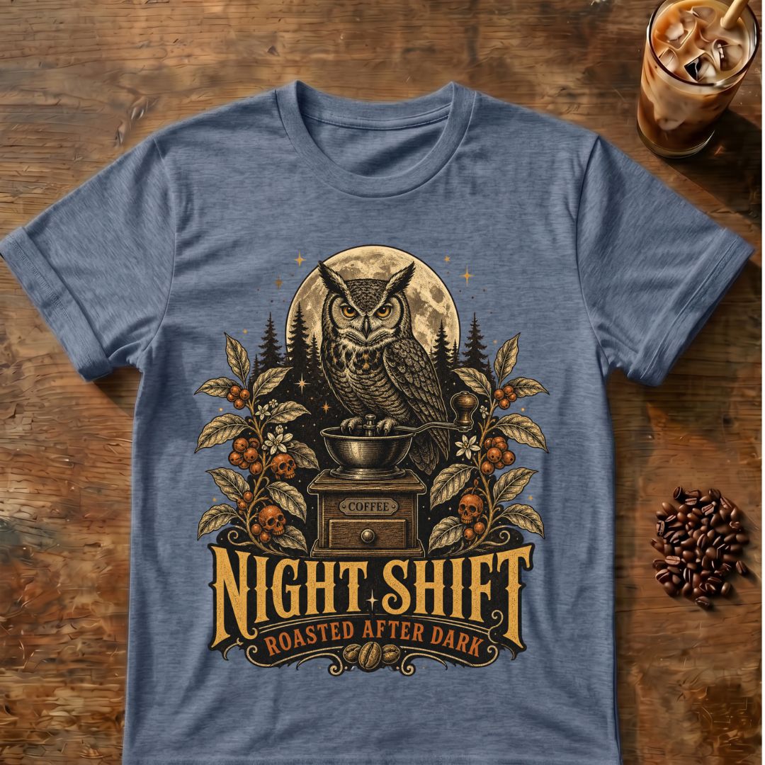 Owl coffee graphic for Night Shift Owl Coffee on heather-indigo T-shirt