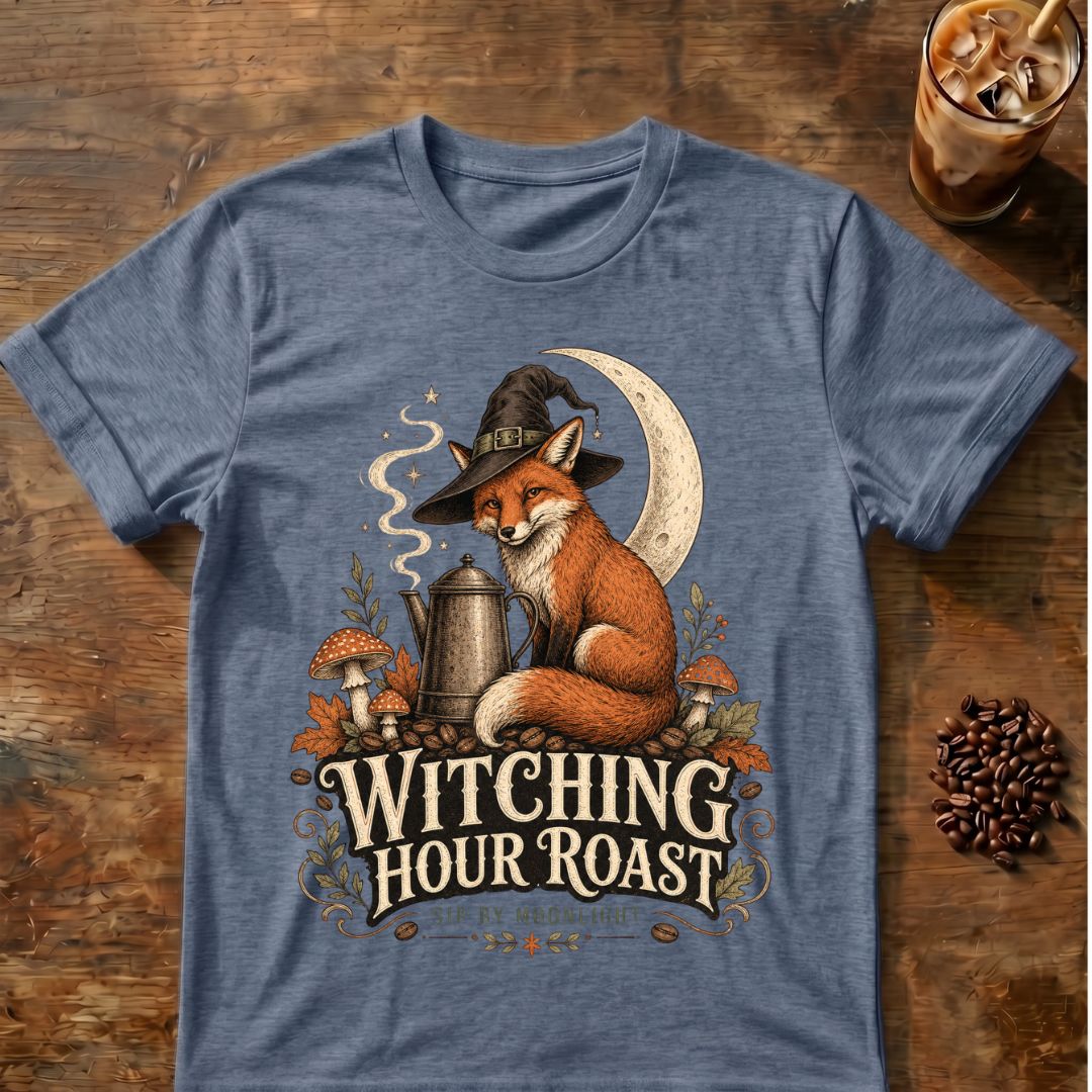 Fox coffee graphic for Witching Hour Roast Fox on heather-indigo T-shirt